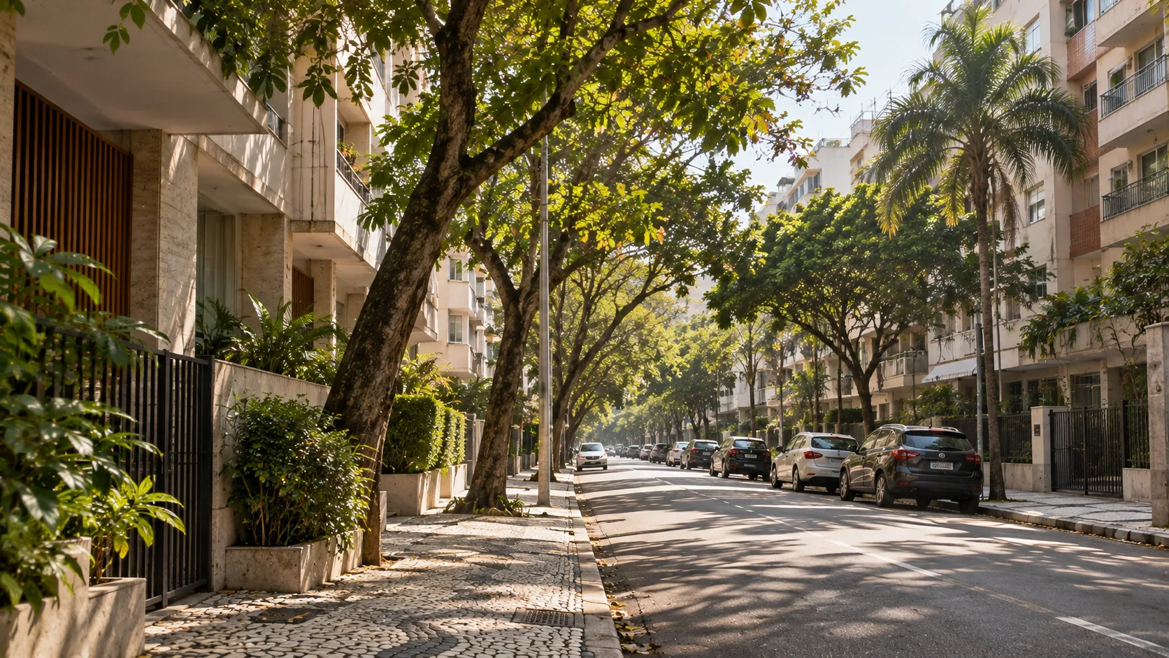 Rua arborizada sob o sol em Ipanema